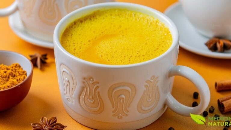 Xícara de vidro com chá de cúrcuma Golden Milk decorado com canela em pó, acompanhado de paus de canela sobre superfície clara. Esta versão aromática combina as propriedades anti-inflamatórias da cúrcuma com o calor da canela, criando uma bebida reconfortante e terapêutica. Ideal para fortalecer o sistema imunológico e melhorar a digestão.