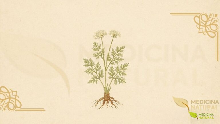 Ilustração botânica de Ligusticum porteri J.M. Coult. & Rose (osha, raiz-de-urso, chuchupate), erva perene nativa das Montanhas Rochosas da família Apiaceae, mostrando flores brancas em umbelas compostas, folhas pinadas com folíolos serrilhados e a espessa raiz lenhosa, em estilo de enciclopédia botânica vitoriana do século XIX.