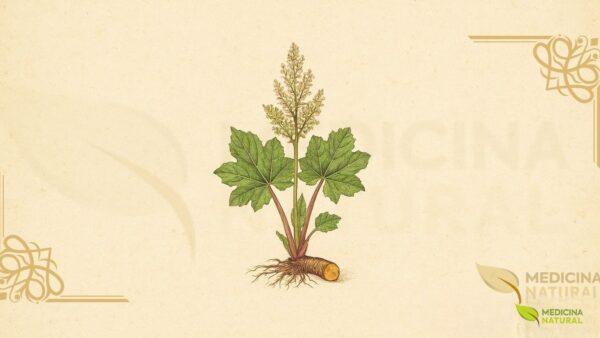 Ilustração botânica de Rheum palmatum L. (ruibarbo-chinês, da huang), planta perene da família Polygonaceae descrita por Lineu em 1753, nativa da China e Tibete, mostrando folhas basais palmatilobadas com lobos profundos, pecíolos avermelhados, flores esverdeadas em panículas, e rizoma carnoso com raízes (exterior marrom, interior amarelo-alaranjado), em estilo de enciclopédia botânica do século XIX.