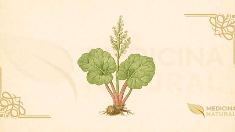 Ilustração botânica de Rheum rhabarbarum L. (ruibarbo-culinário, pie plant), planta perene da família Polygonaceae descrita por Lineu em 1753, nativa da Sibéria, mostrando folhas basais ovadas com margens onduladas, pecíolos carnosos comestíveis rosa-avermelhados, flores esverdeadas em panículas, e rizoma carnoso, em estilo de enciclopédia botânica do século XIX.