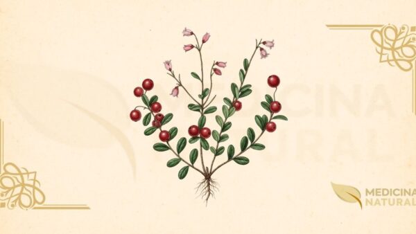 Vaccinium macrocarpon Aiton (Ericaceae) é um arbusto perene rasteiro nativo da América do Norte, com vinhas que formam tapetes densos em pântanos ácidos. Apresenta folhas pequenas (5-15 mm), ovaladas, verde-escuras e persistentes. As flores são rosadas ou brancas, com pétalas curvadas para trás. Os frutos são bagas vermelhas brilhantes (10-20 mm), ácidas, ricas em proantocianidinas do tipo A, utilizadas tradicionalmente na prevenção de infecções do trato urinário.