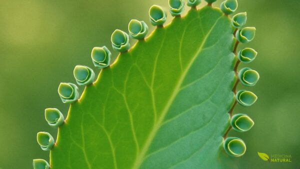 Close-up das mudas adventícias (plântulas) que se formam naturalmente nas bordas serrilhadas das folhas de Kalanchoe pinnata. Essas pequenas plantas completas, com raízes e folhas, caem no solo e geram novas plantas, garantindo a propagação eficiente da espécie.