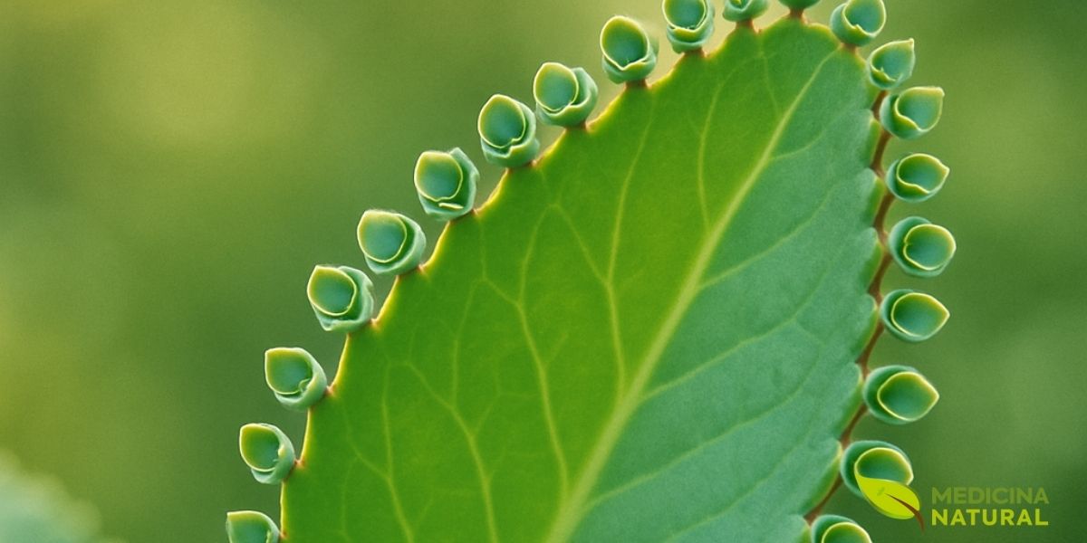 Close-up das mudas adventícias (plântulas) que se formam naturalmente nas bordas serrilhadas das folhas de Kalanchoe pinnata. Essas pequenas plantas completas, com raízes e folhas, caem no solo e geram novas plantas, garantindo a propagação eficiente da espécie.